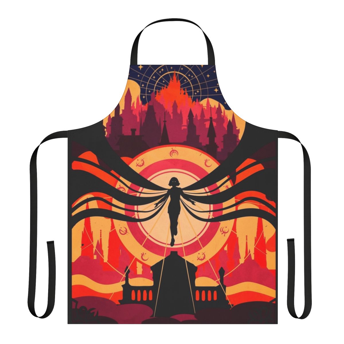 Mistborn-themed apron with Luthadel cityscape and Kelsier's Allomantic symbol