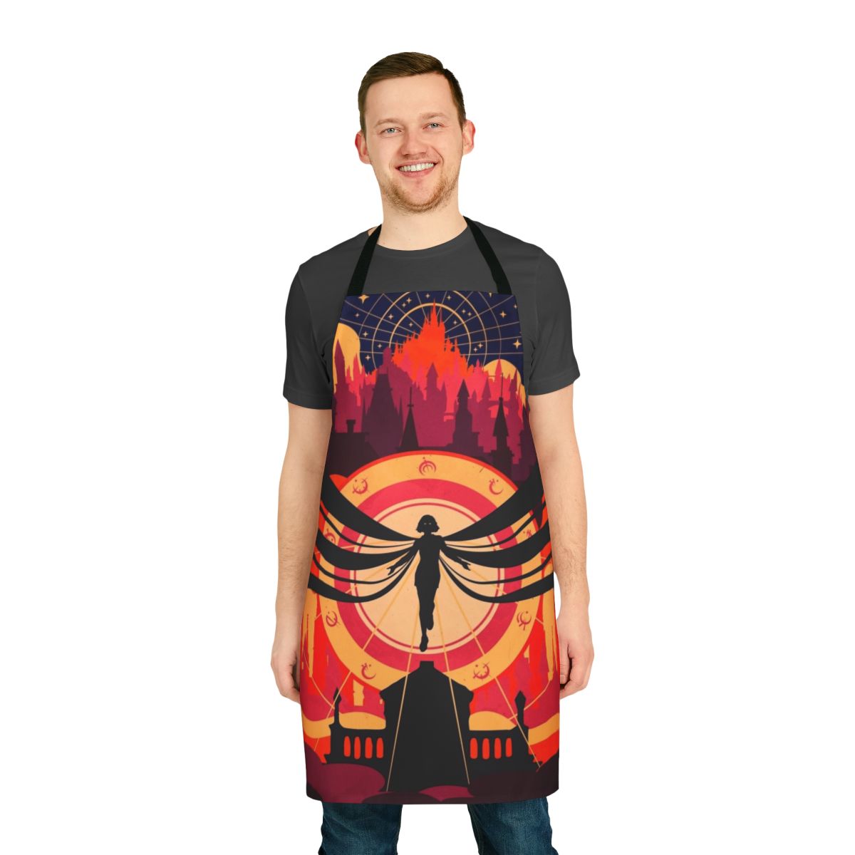 Mistborn-themed apron with Luthadel cityscape and Kelsier's Allomantic symbol