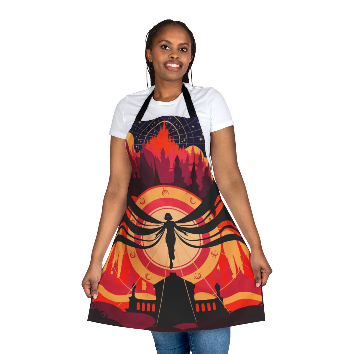 Mistborn-themed apron with Luthadel cityscape and Kelsier's Allomantic symbol