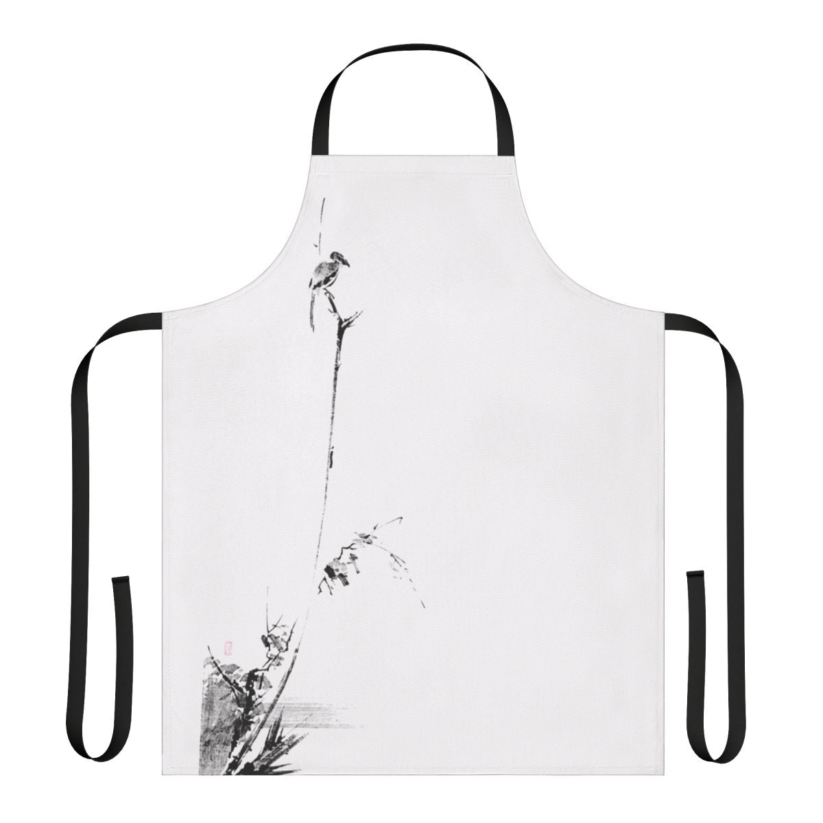 A black and white apron featuring a Japanese sumi e inspired design with the name Miyamoto Musashi and elements like a shrike, katana, and Japanese calligraphy.