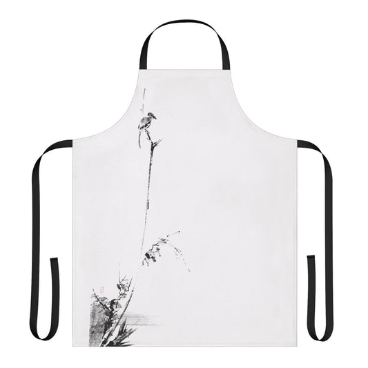 A black and white apron featuring a Japanese sumi e inspired design with the name Miyamoto Musashi and elements like a shrike, katana, and Japanese calligraphy.