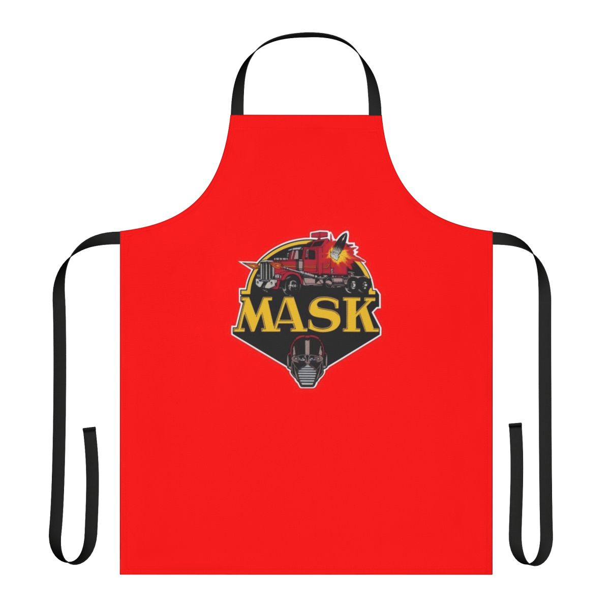 Retro-style cartoon cooking apron with Mobile Armored Strike Kommand (M.A.S.K.) design