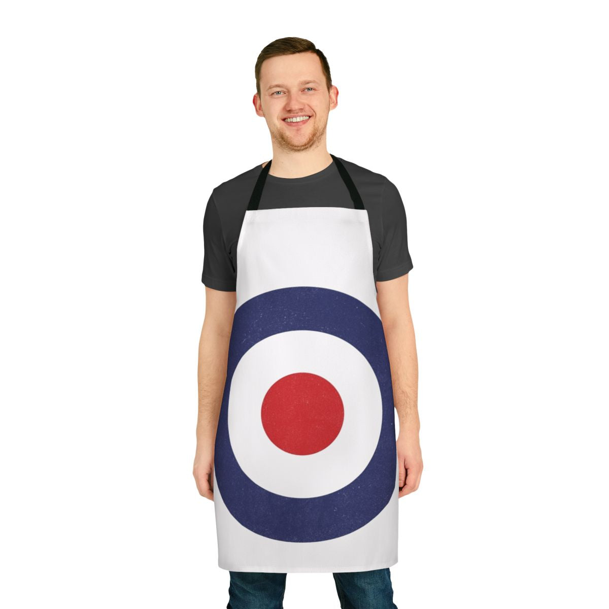 A 1960s-style pop art target apron, perfect for mod fashion enthusiasts.