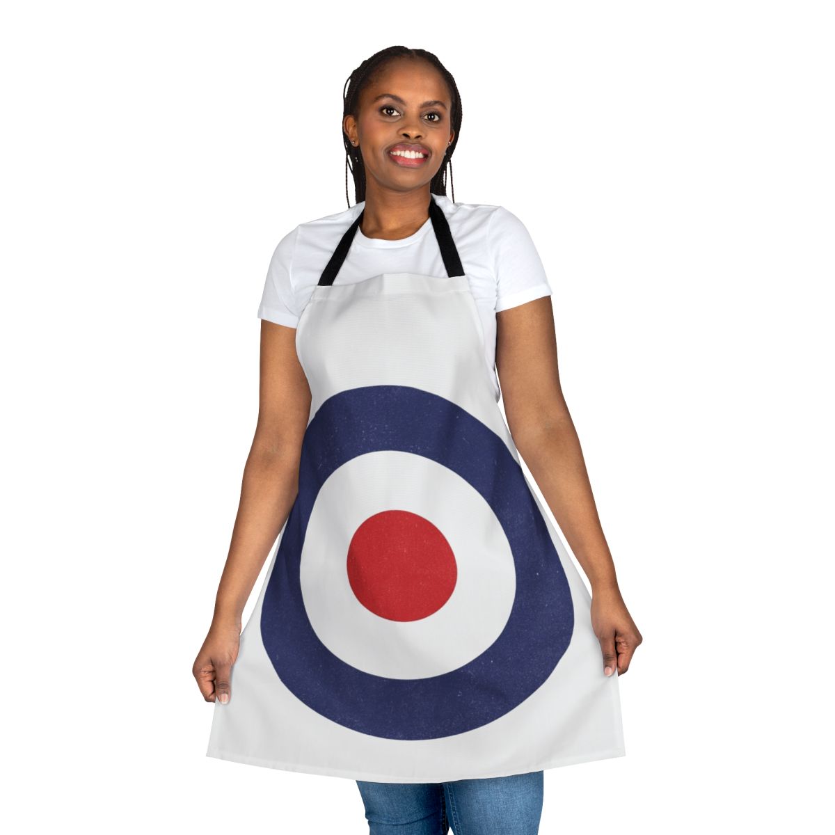 A 1960s-style pop art target apron, perfect for mod fashion enthusiasts.