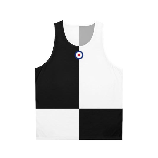Mod-inspired unisex tank top with black and white checkerboard pattern and mod logo