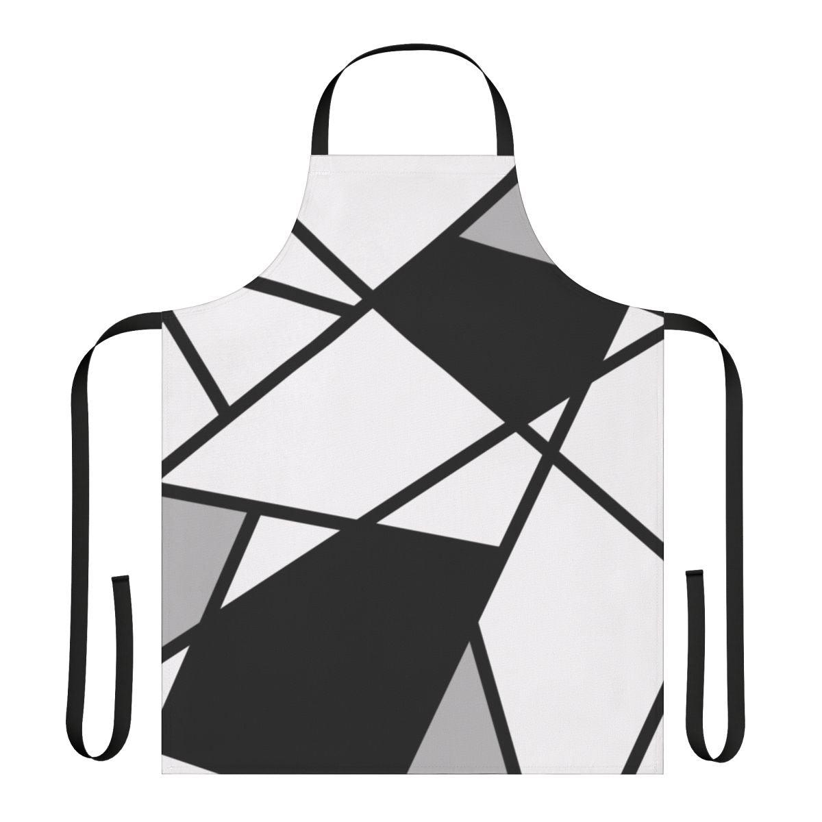 A stylish black and white geometric pattern apron with abstract lines and shapes