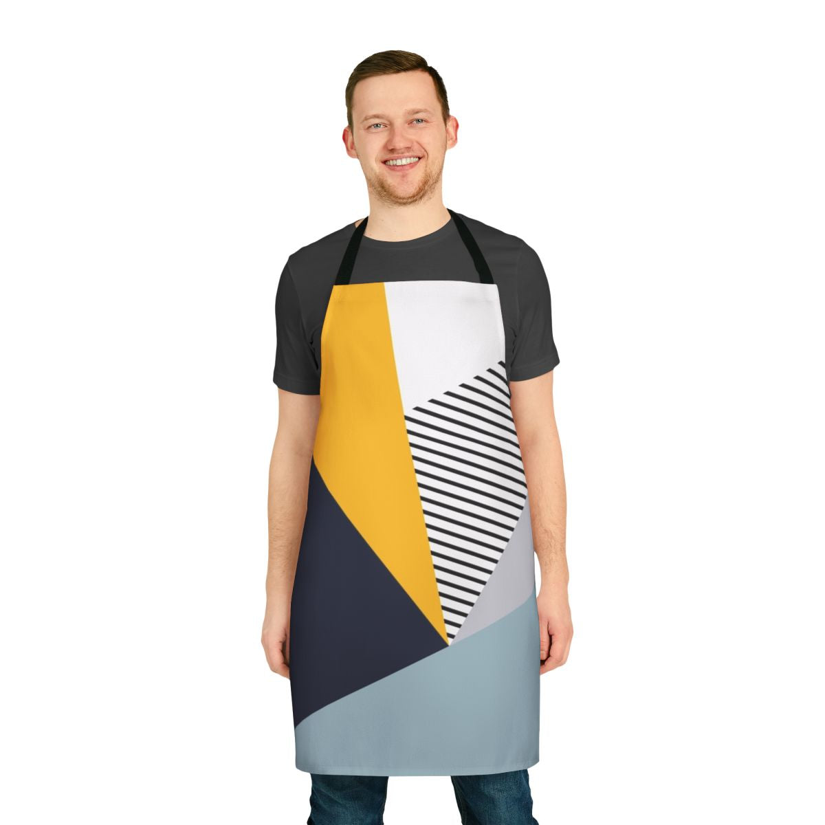 A stylish and functional abstract geometric design apron in a modern, minimalist Scandinavian style.