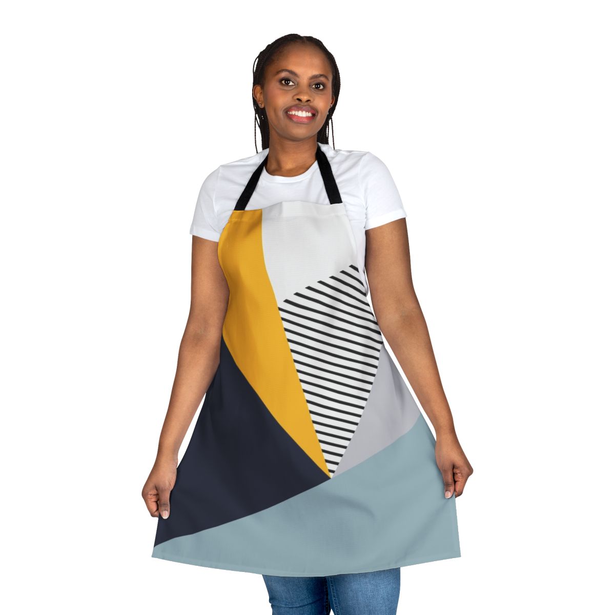 A stylish and functional abstract geometric design apron in a modern, minimalist Scandinavian style.