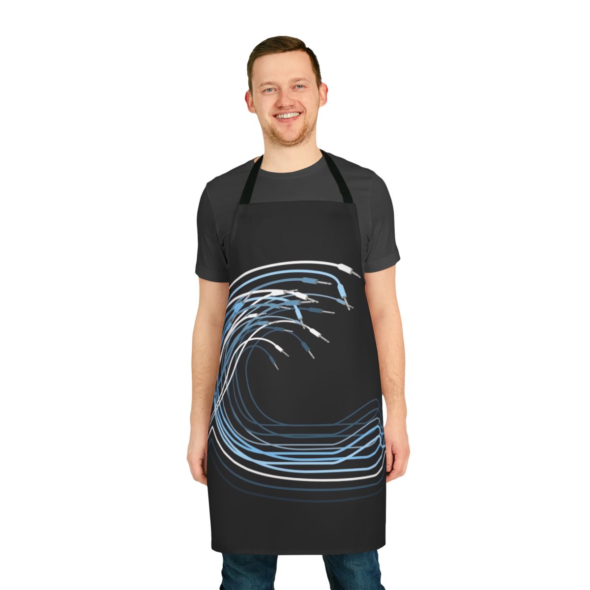 Modular synthesizer apron featuring a stylish Great Wave pattern, perfect for audio engineers, music producers, and beatmakers.