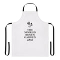 A black and white apron featuring a minimalist typographic design, inspired by the Rose family from the TV show Schitt's Creek.