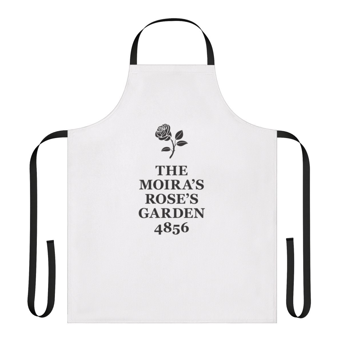 A black and white apron featuring a minimalist typographic design, inspired by the Rose family from the TV show Schitt's Creek.