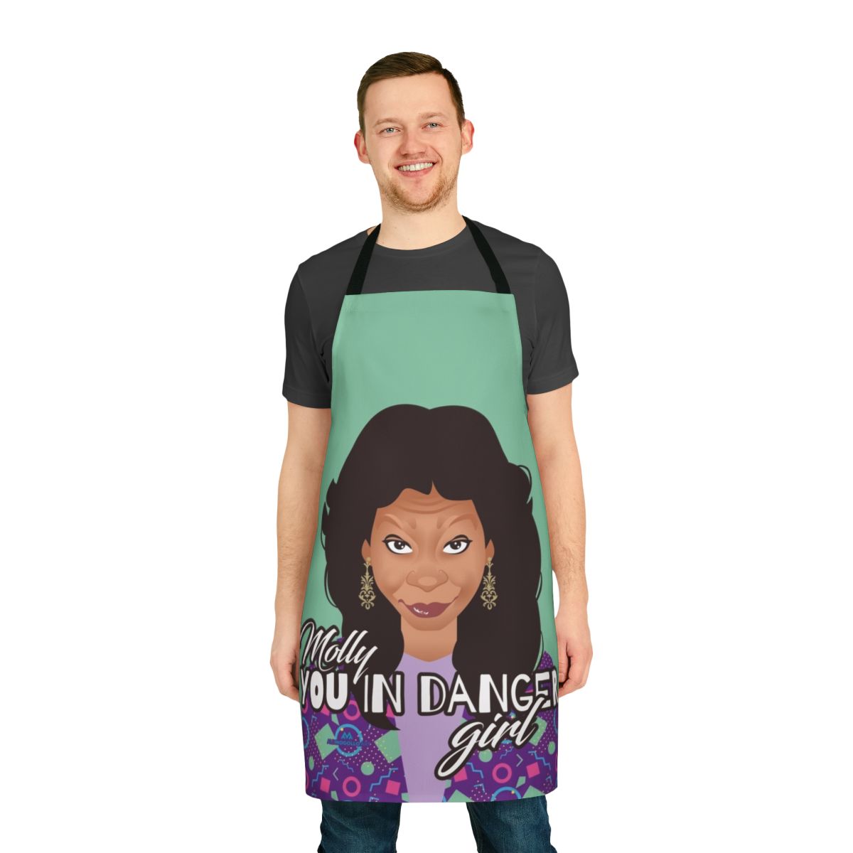 A high-quality kitchen apron featuring a Molly from the film Ghost design, perfect for comedy and film fans.