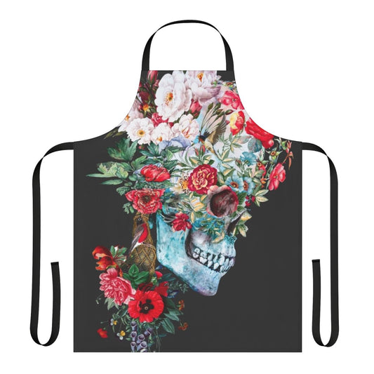 Momento Mori-inspired apron featuring a collage of skulls, birds, flowers, and botanical elements in a surreal, baroque-style design by artist Riza Peker.