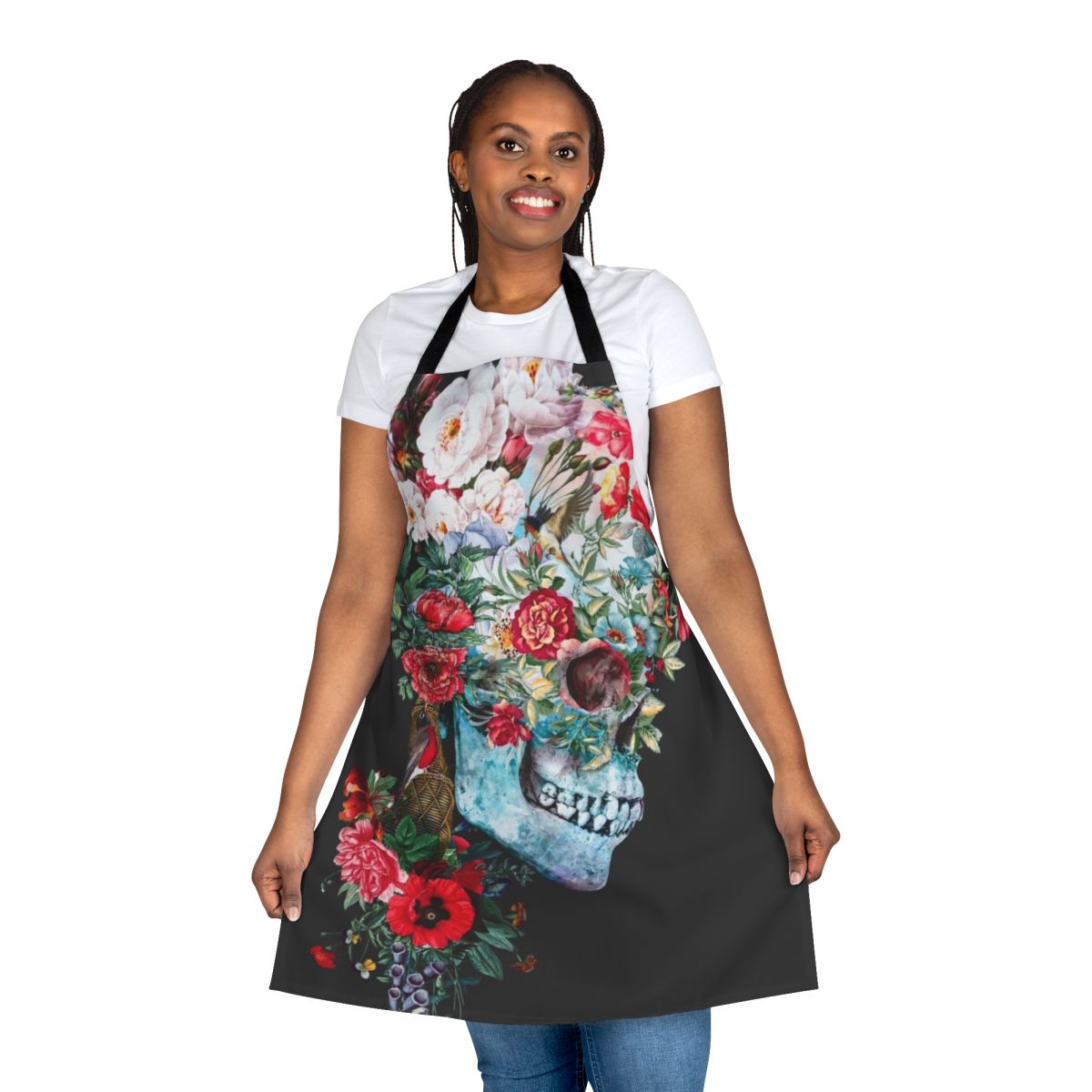 Momento Mori-inspired apron featuring a collage of skulls, birds, flowers, and botanical elements in a surreal, baroque-style design by artist Riza Peker.