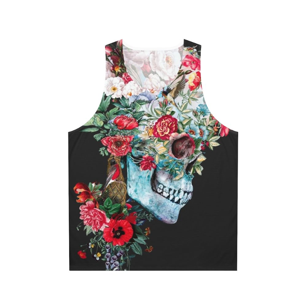 Momento Mori Unisex Tank Top featuring an artistic collage design with skulls, flowers, and nature elements