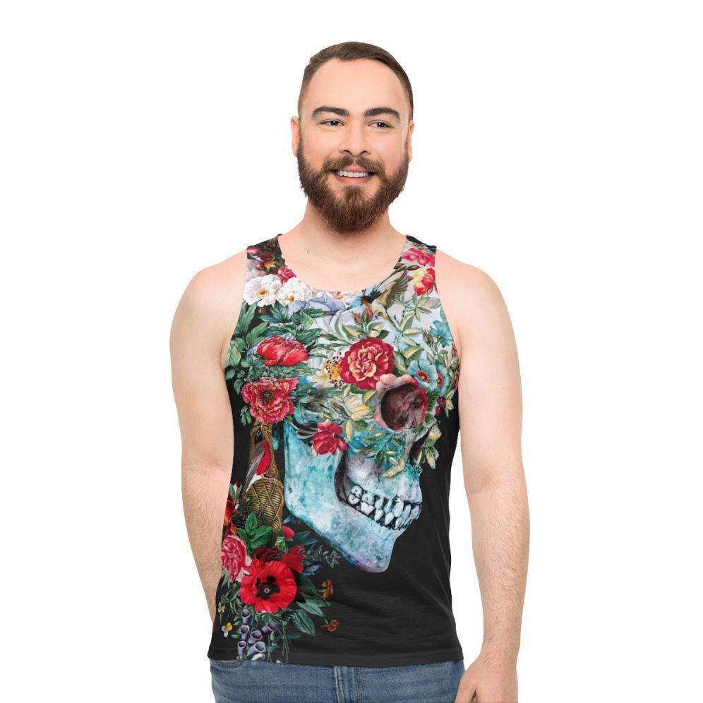 Momento Mori Unisex Tank Top featuring an artistic collage design with skulls, flowers, and nature elements