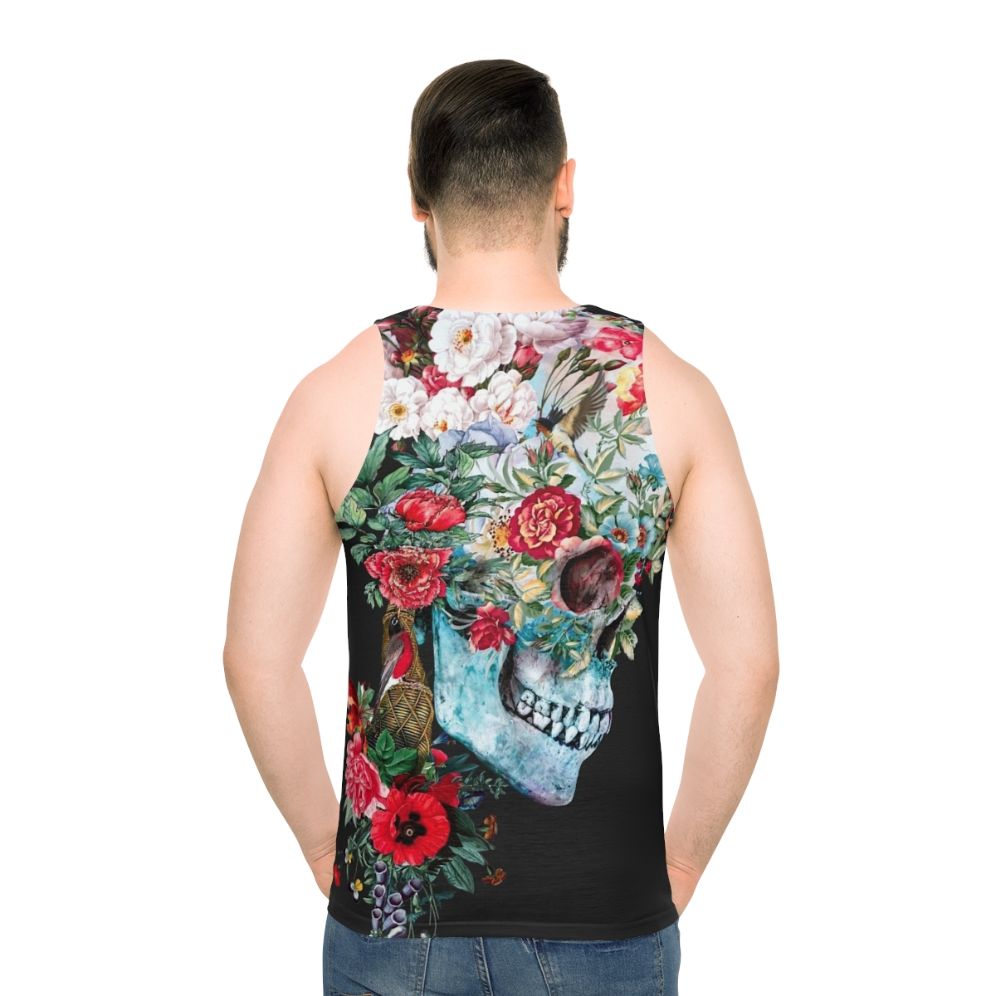 Momento Mori Unisex Tank Top featuring an artistic collage design with skulls, flowers, and nature elements