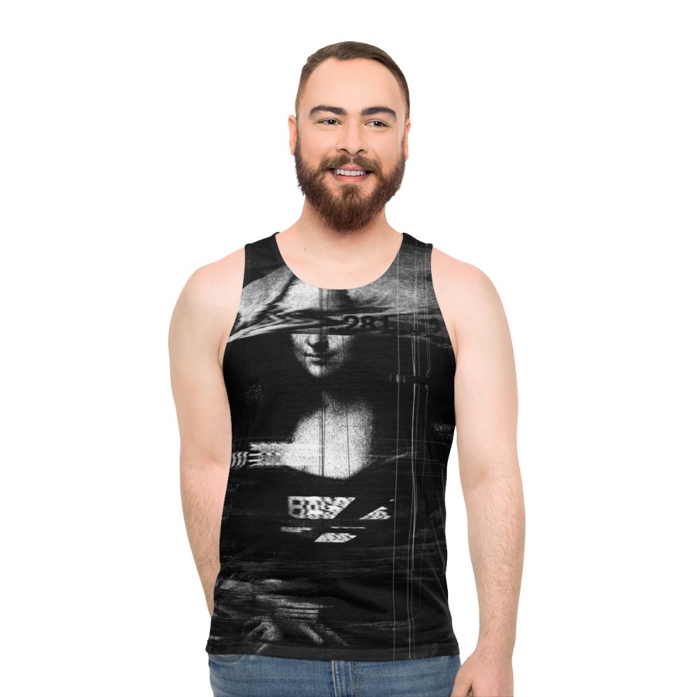 Mona Lisa Glitch Unisex Tank Top with Abstract Portrait Design