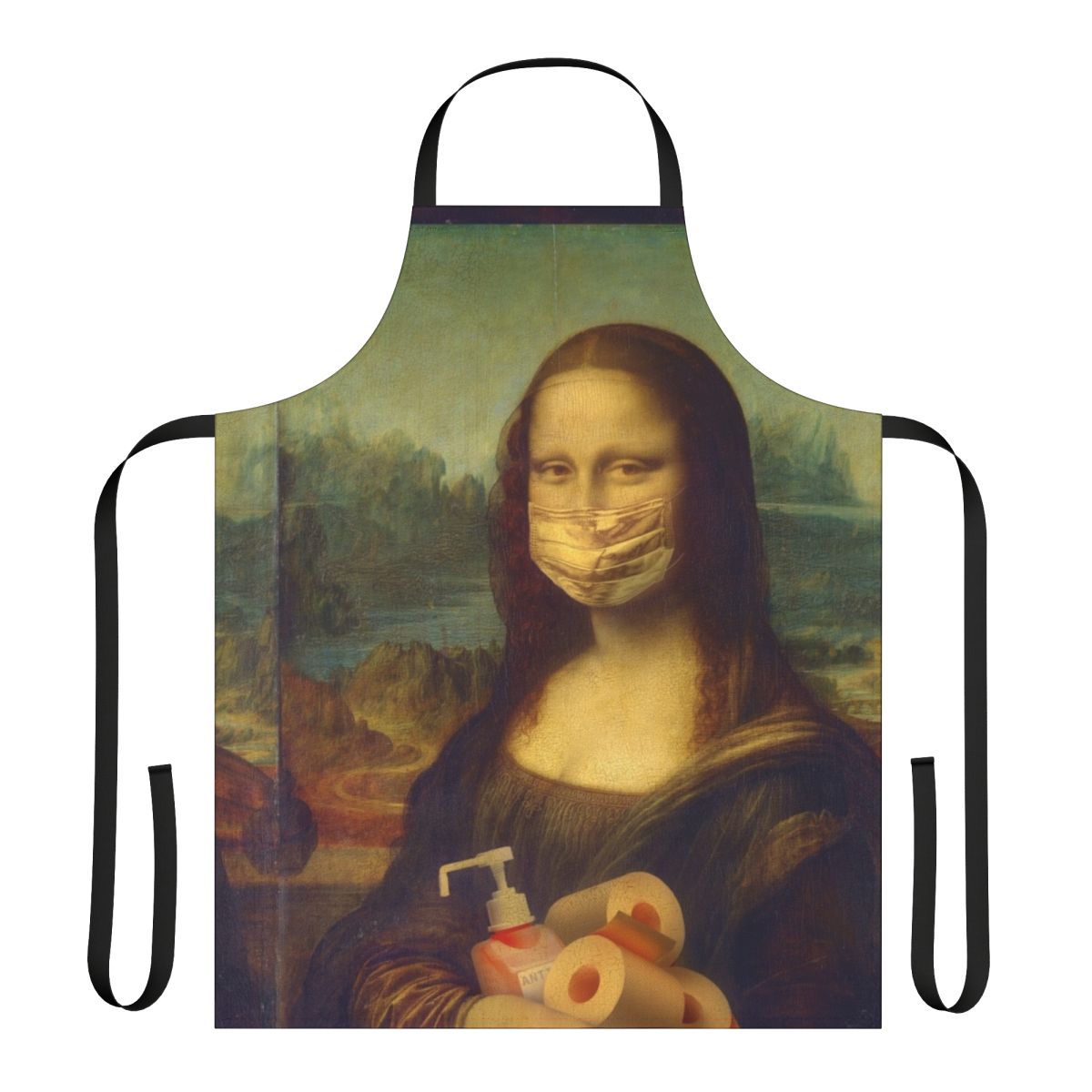 Mona Lisa-inspired comic apron design featuring coronavirus-themed imagery