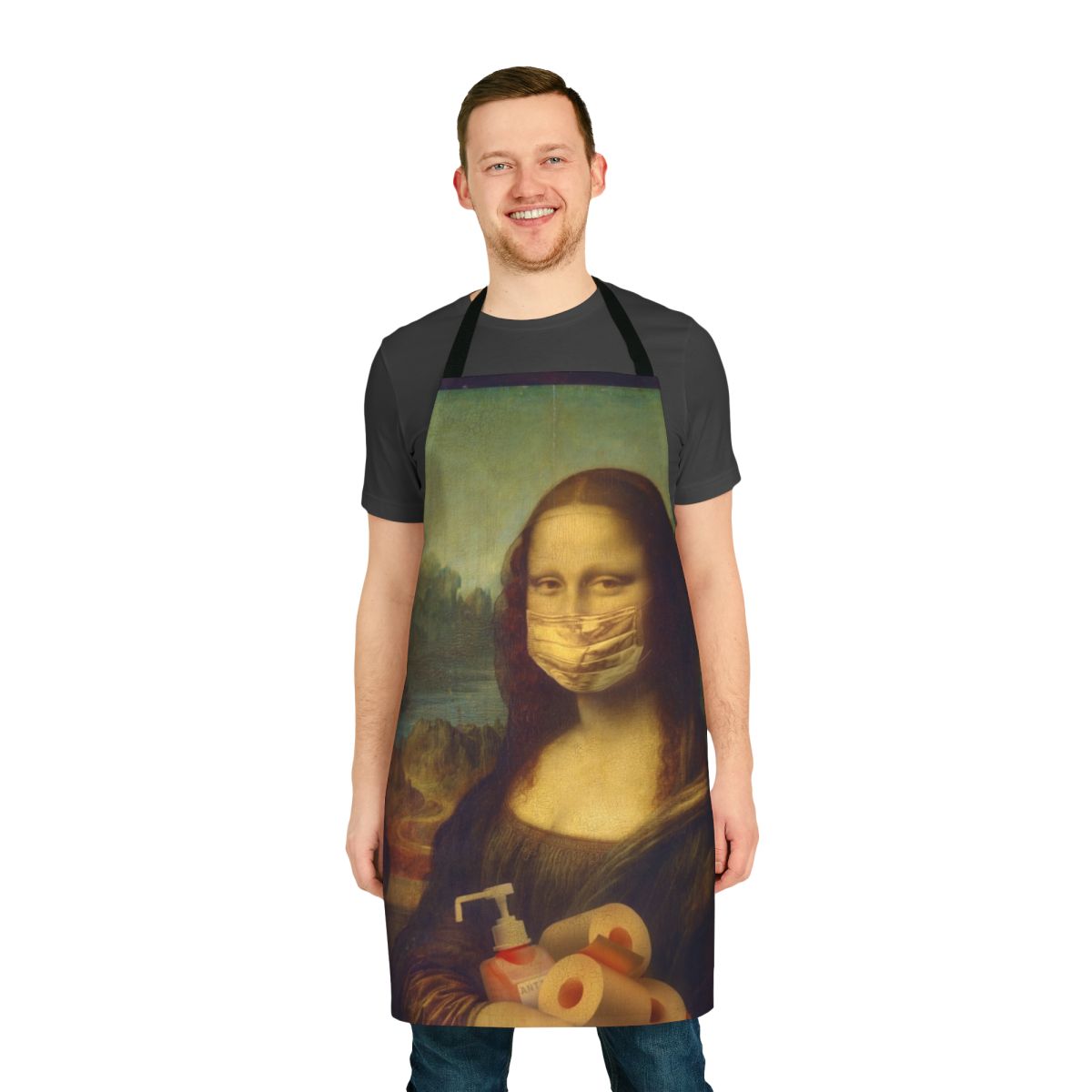Mona Lisa-inspired comic apron design featuring coronavirus-themed imagery
