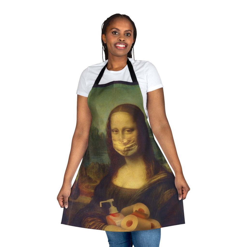Mona Lisa-inspired comic apron design featuring coronavirus-themed imagery
