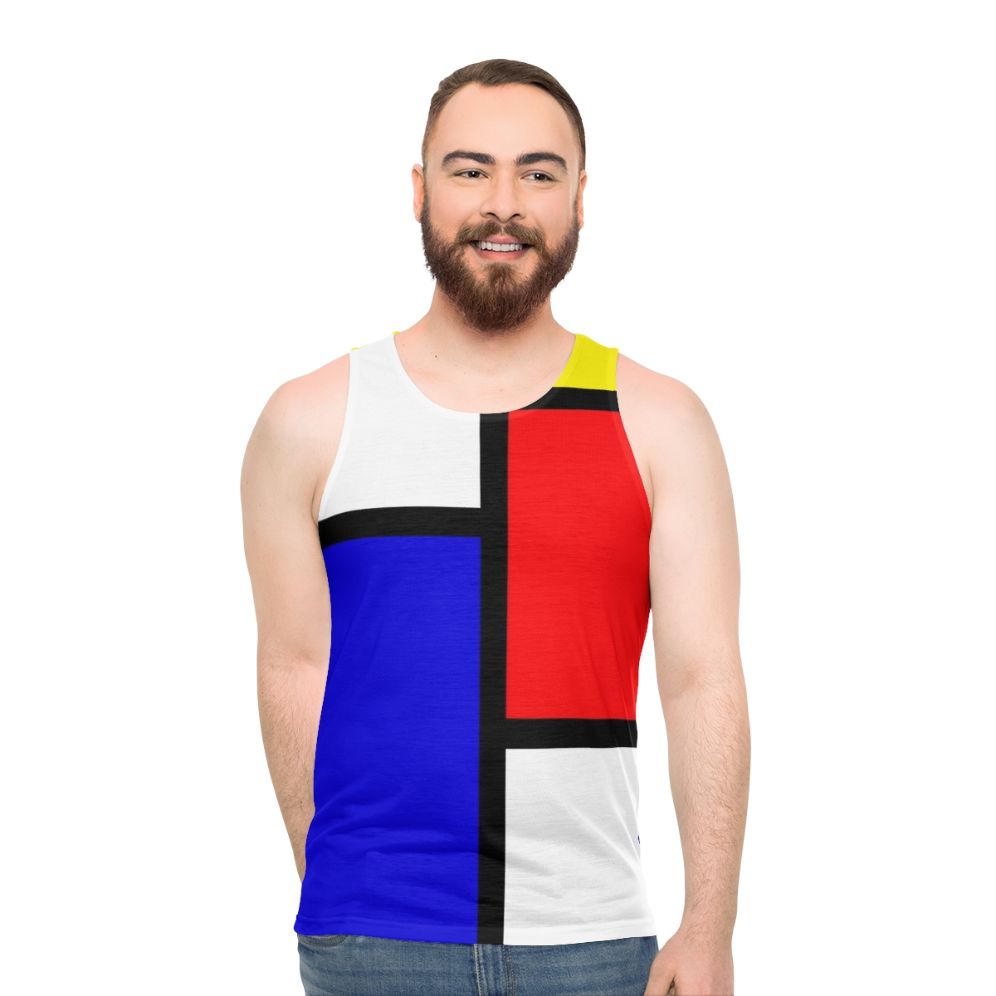 Mondrian-inspired unisex tank top with geometric primary color design