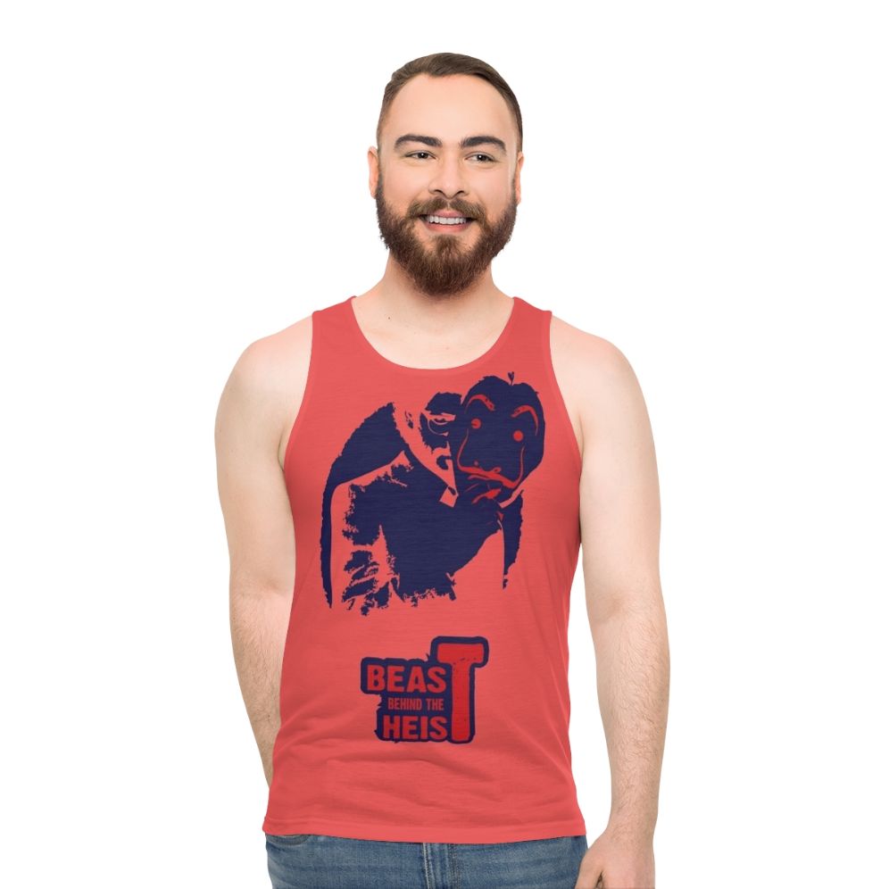 Money Heist Unisex Tank Top featuring "Beast Behind the Heist" design