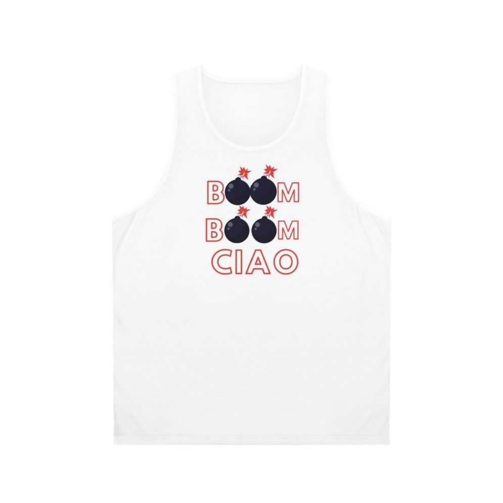 Money Heist inspired unisex tank top with "Boom Boom Ciao" design