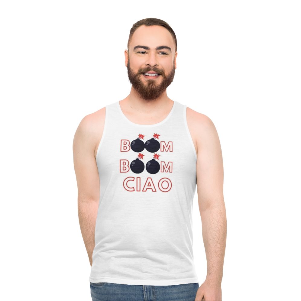Money Heist inspired unisex tank top with "Boom Boom Ciao" design