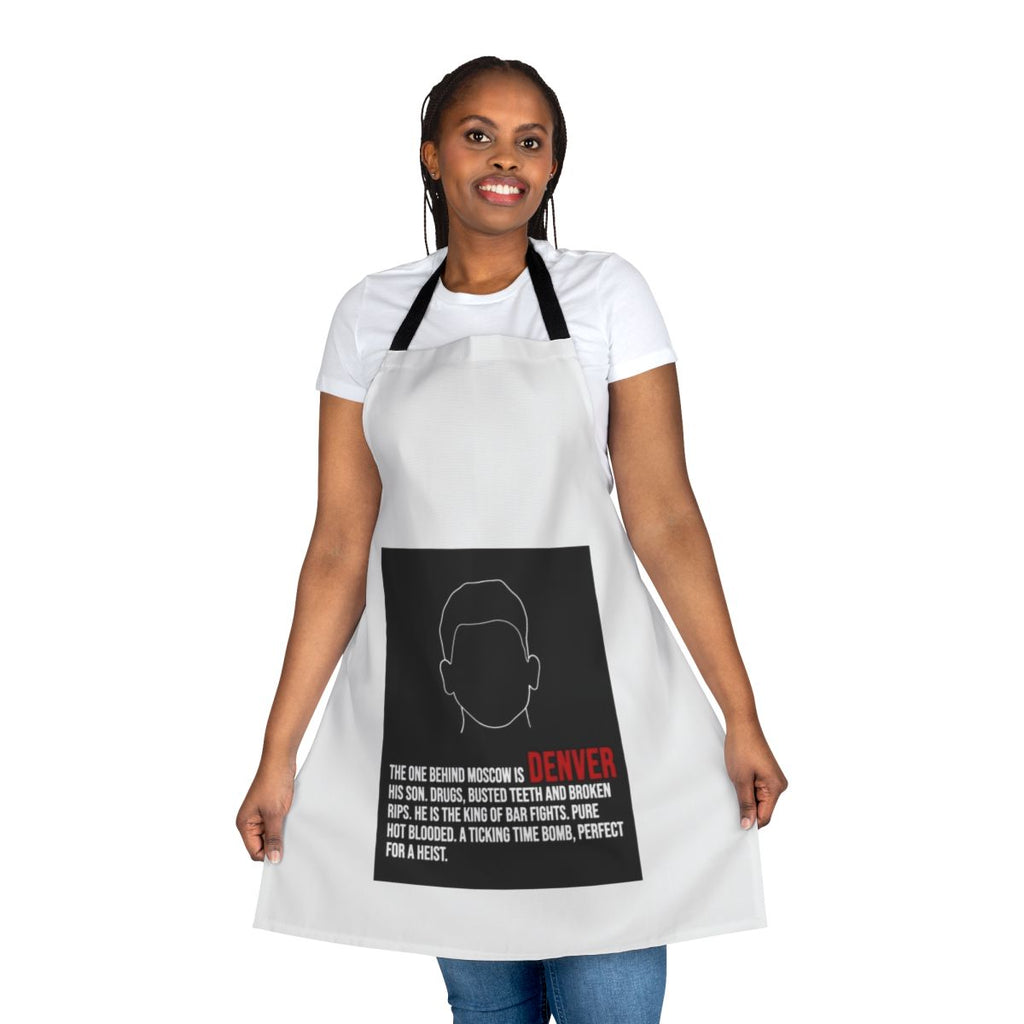 An apron with money-themed quotes, lineart, and fan art inspired by the Netflix series Money Heist, set in Denver.