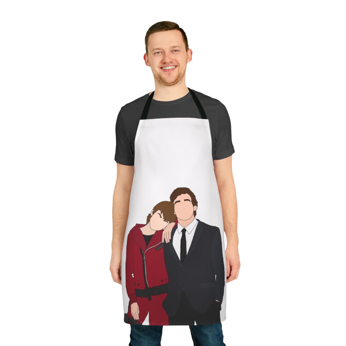 Money Heist-themed apron featuring characters Tokyo and Rio