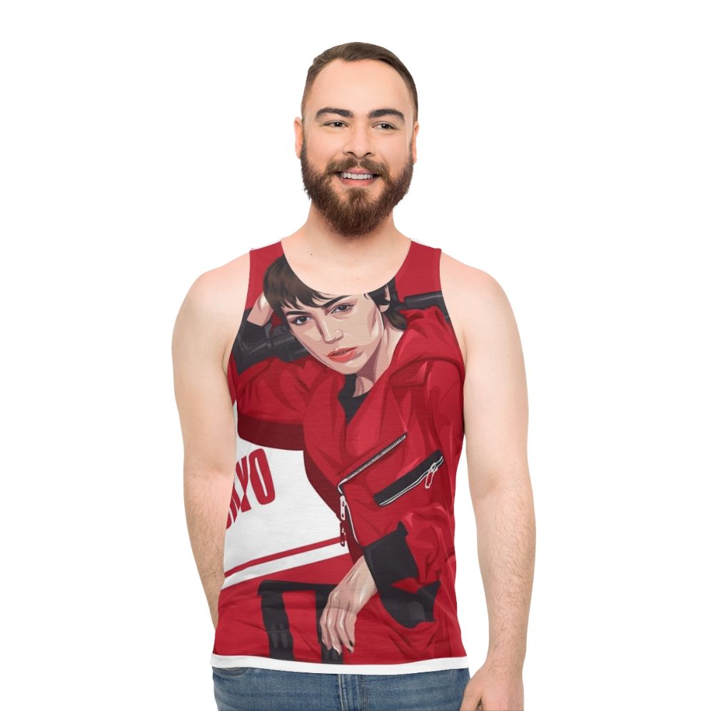 Money Heist Tokyo Unisex Tank Top featuring a vector design