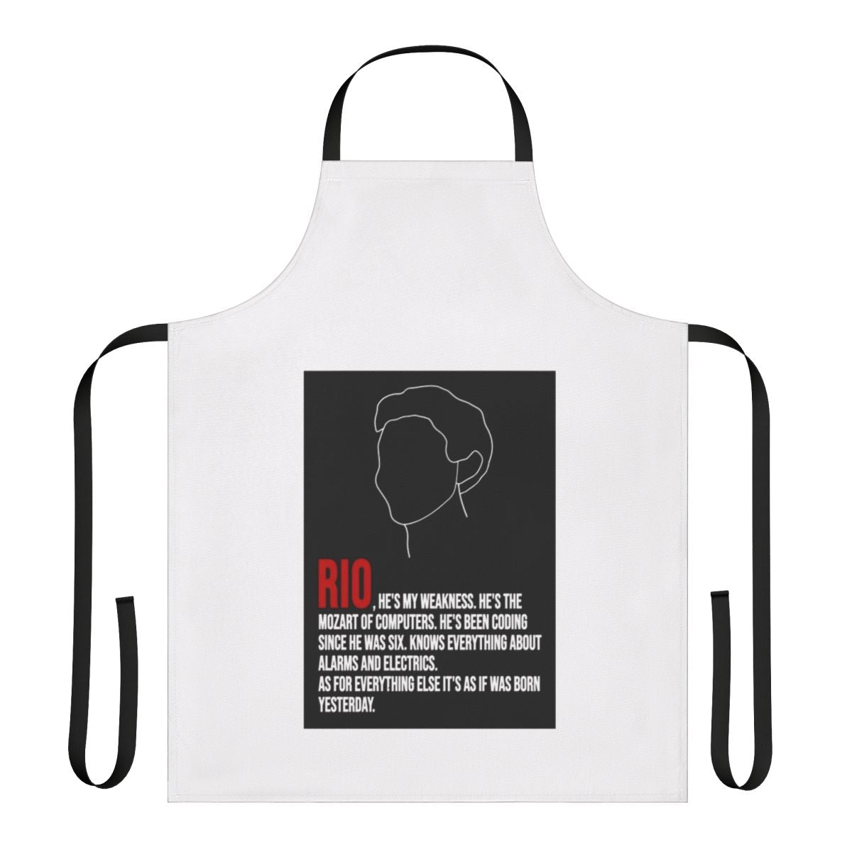 Money House inspired apron featuring lineart and quotes from the popular TV series Money Heist