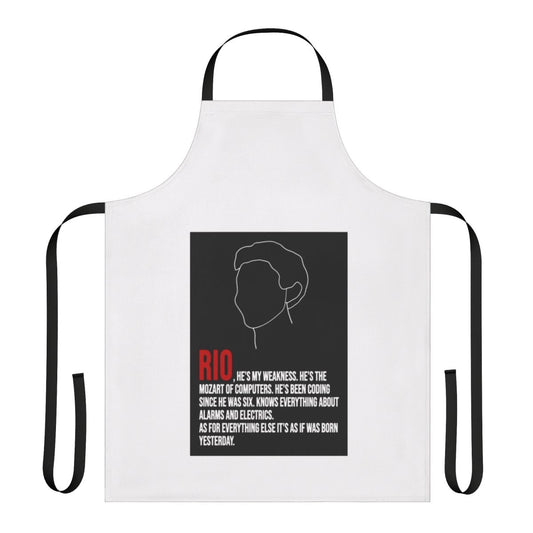 Money House inspired apron featuring lineart and quotes from the popular TV series Money Heist