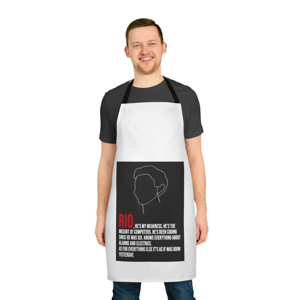 Money House inspired apron featuring lineart and quotes from the popular TV series Money Heist