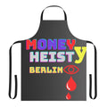 A white apron with a money-themed design, perfect for fans of the Netflix series "Money Heist".