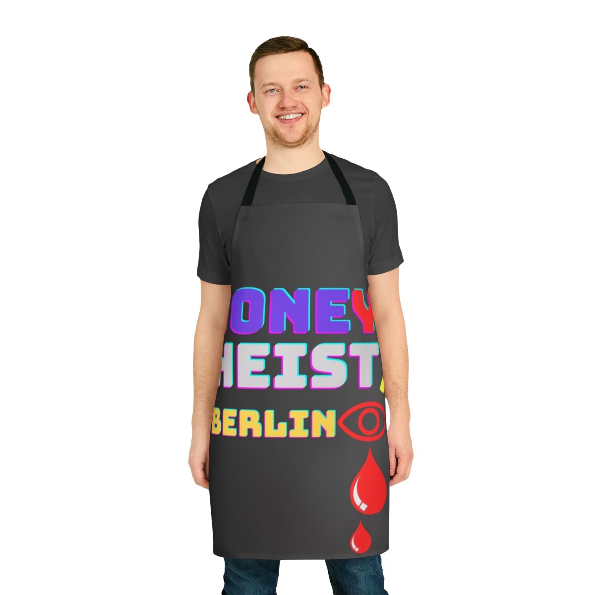 A white apron with a money-themed design, perfect for fans of the Netflix series "Money Heist".