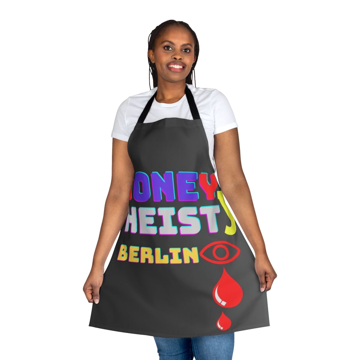 A white apron with a money-themed design, perfect for fans of the Netflix series "Money Heist".