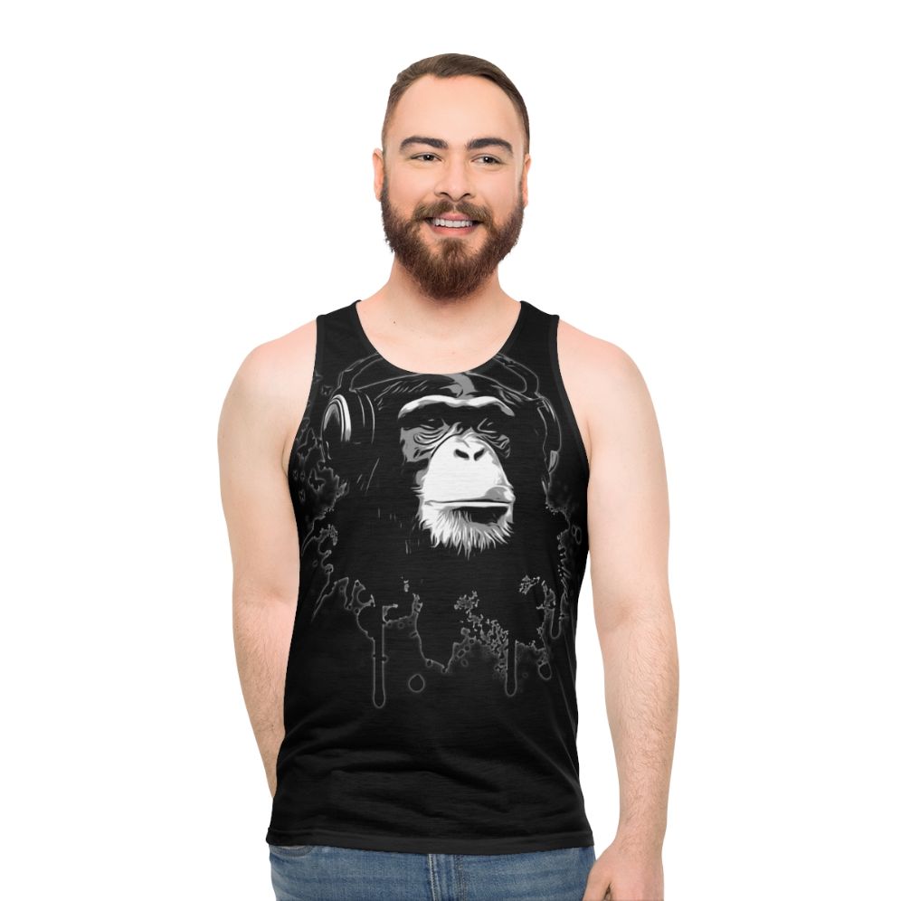 Monkey Business black unisex tank top with urban graffiti and butterfly design