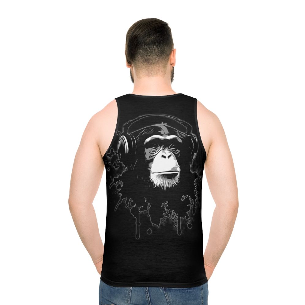 Monkey Business black unisex tank top with urban graffiti and butterfly design