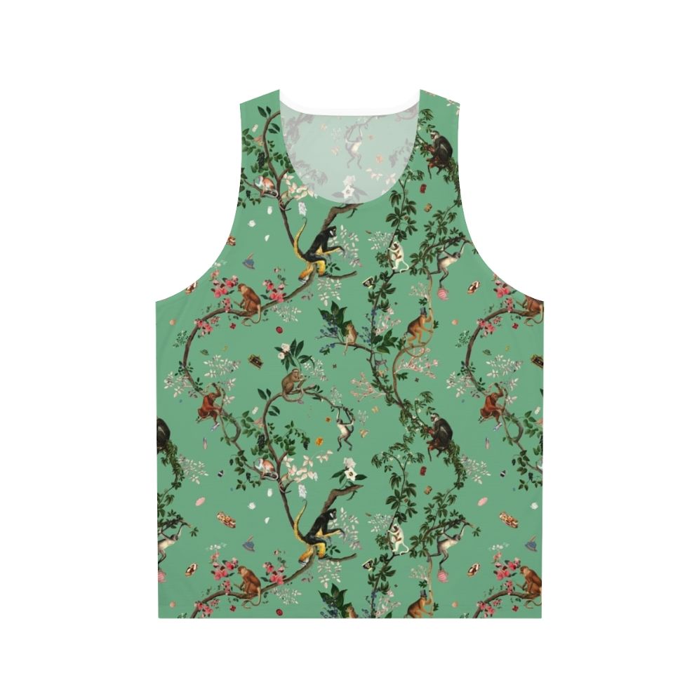 Monkey World Green Unisex Tank Top with Tropical Botanical Print
