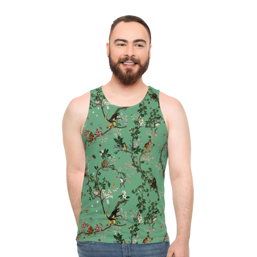 Monkey World Green Unisex Tank Top with Tropical Botanical Print