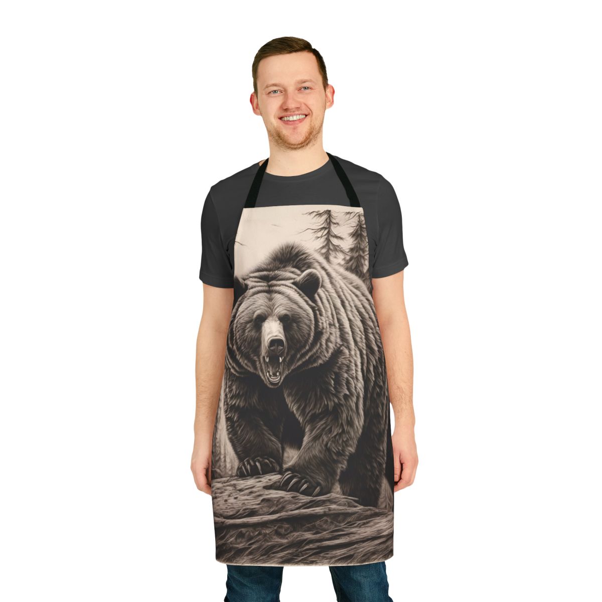 Grizzly bear in a monochromatic design printed on an apron