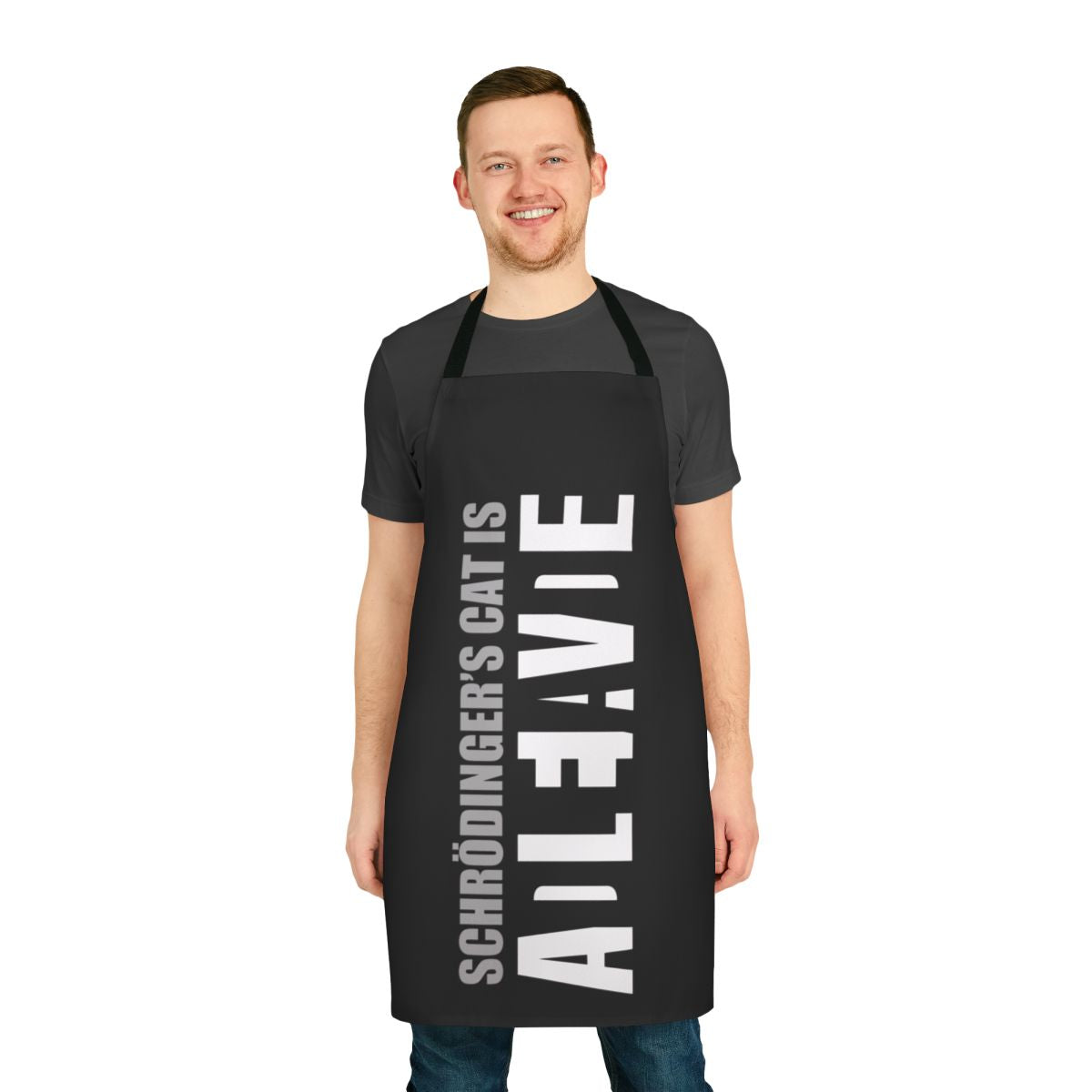 Monochromatic apron featuring Schrodinger's cat, a famous thought experiment in quantum physics