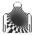 A black and white optical illusion apron with a classic checkerboard design