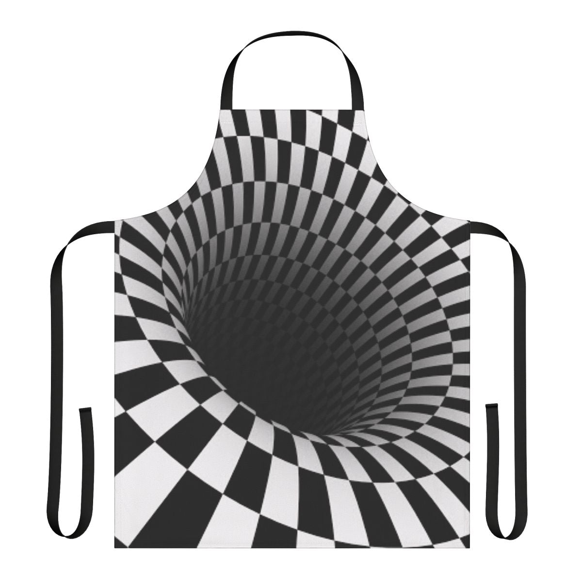 A black and white optical illusion apron with a classic checkerboard design