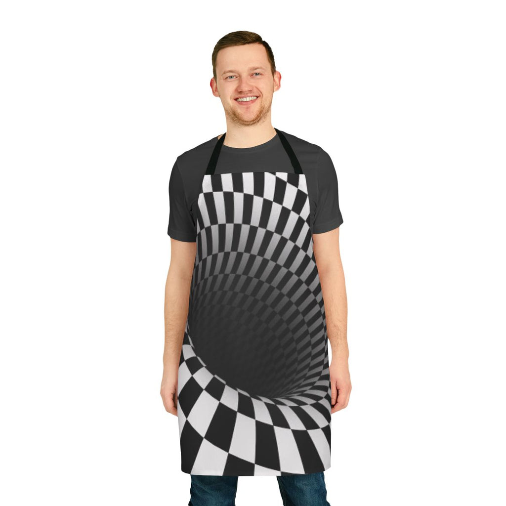A black and white optical illusion apron with a classic checkerboard design
