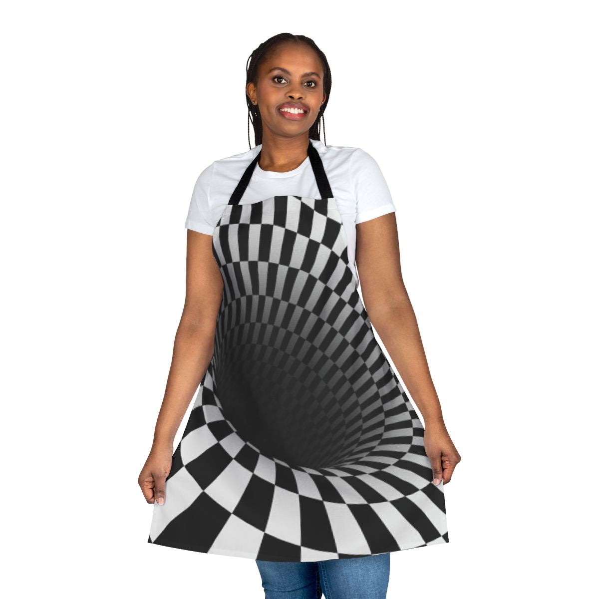 A black and white optical illusion apron with a classic checkerboard design
