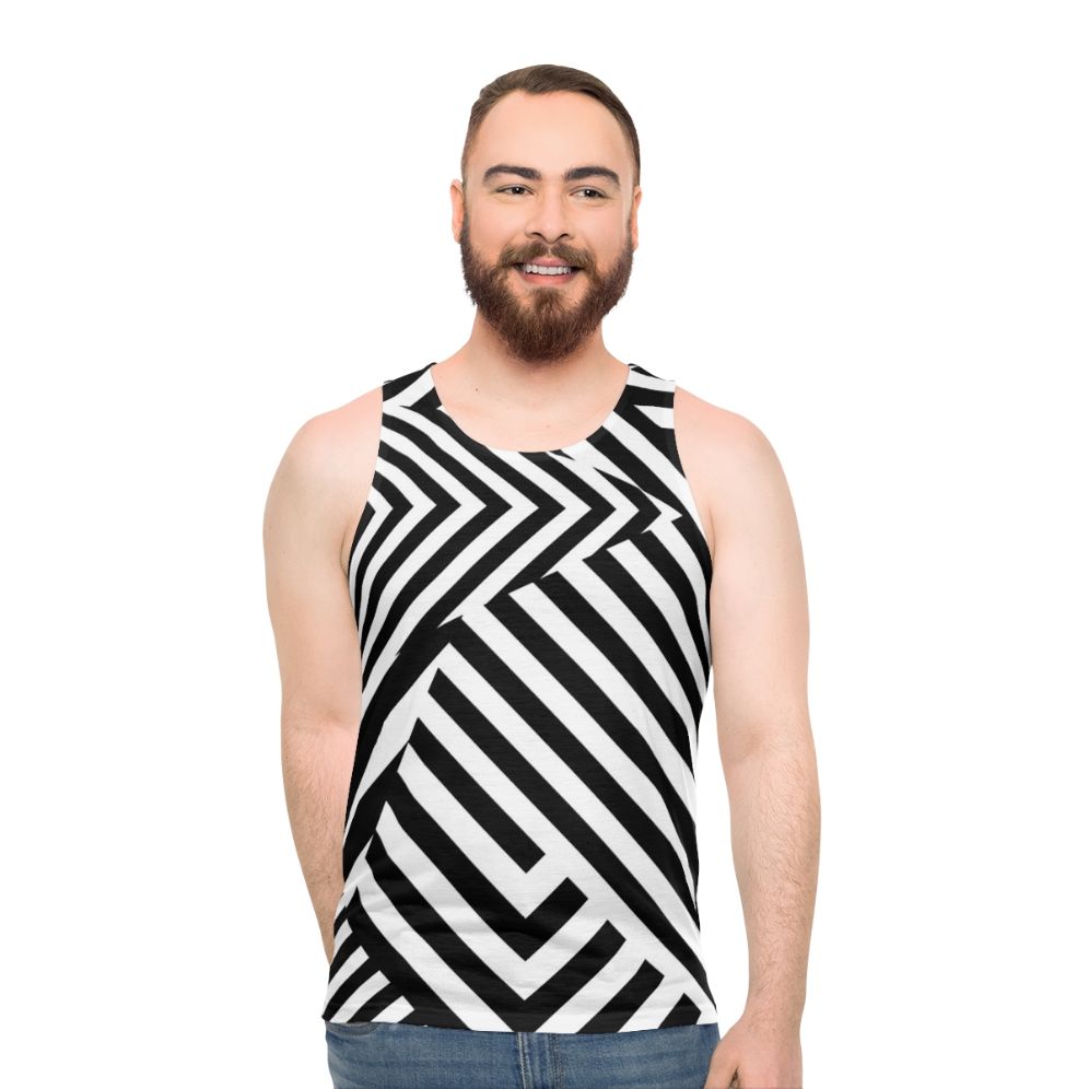 Monochrome graphic unisex tank top with optical illusion camouflage design