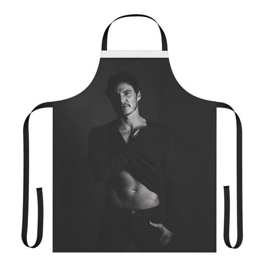 Monochrome apron featuring a black and white portrait of actor Pedro Pascal